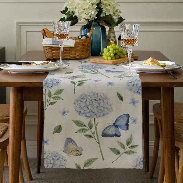 imageARKENY Spring Flowers Hydrangea Blue Table Runner 72x13 Inches Floral Butterfly Farmhouse Seasonal Indoor Outdoor Anniversary Table Decoration for HomeBeige