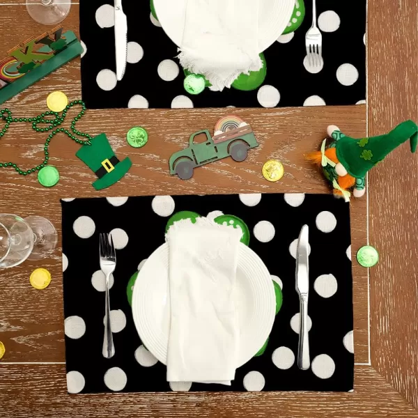 imageARKENY St Patricks Day Placemats 12X18 Inches Set of 4 Green Shamrock Black Dots Spring Seasonal Farmhouse Burlap Indoor Kitchen Dining Table Mats Decorations for Home Party AP25418