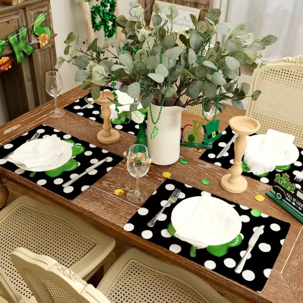 imageARKENY St Patricks Day Placemats 12X18 Inches Set of 4 Green Shamrock Black Dots Spring Seasonal Farmhouse Burlap Indoor Kitchen Dining Table Mats Decorations for Home Party AP25418