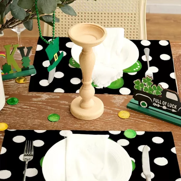 imageARKENY St Patricks Day Placemats 12X18 Inches Set of 4 Green Shamrock Black Dots Spring Seasonal Farmhouse Burlap Indoor Kitchen Dining Table Mats Decorations for Home Party AP25418