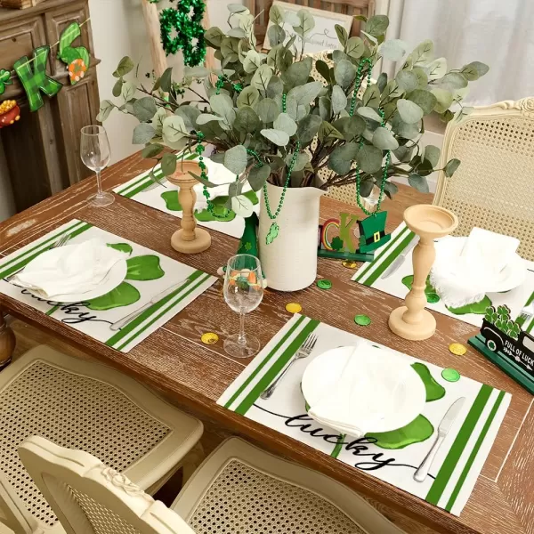 imageARKENY St Patricks Day Placemats 12x18 Inches Set of 4 Green Shamrock Spring Seasonal Farmhouse Burlap Indoor Kitchen Dining Table Mats Decorations for Home Party AP03218