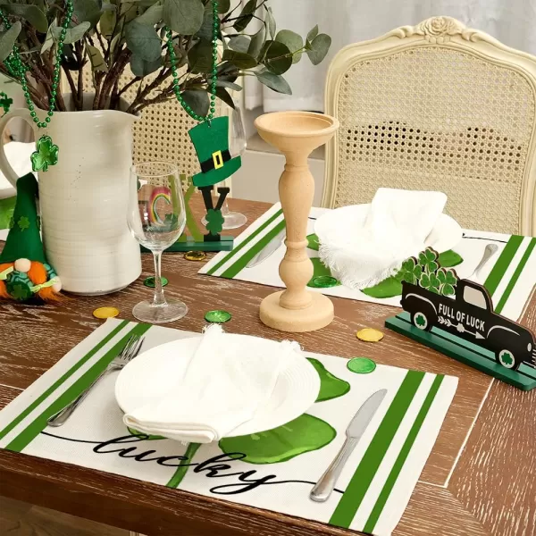 imageARKENY St Patricks Day Placemats 12x18 Inches Set of 4 Green Shamrock Spring Seasonal Farmhouse Burlap Indoor Kitchen Dining Table Mats Decorations for Home Party AP03218