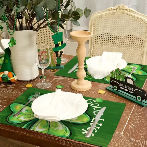 imageARKENY St Patricks Day Placemats 12x18 Inches Set of 4 Shamrock Good Luck Spring Seasonal Farmhouse Burlap Green Indoor Kitchen Dining Table Mats Decorations for Home Party AP5404