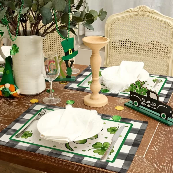 imageARKENY St Patricks Day Placemats 12x18 Inches Set of 4 Shamrock Lucky Bow Spring Seasonal Farmhouse Buffalo Plaid Burlap Indoor Kitchen Dining Table Mats Decorations for Home Party AP5464