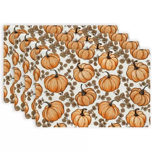 imageARKENY Fall Placemats 12x18 Inches Set of 4 Pumpkin Eucalyptus Leaf Orange Autumn Seasonal Farmhouse Burlap Indoor Outdoor Table Mats Decorations for Home Party AP6354