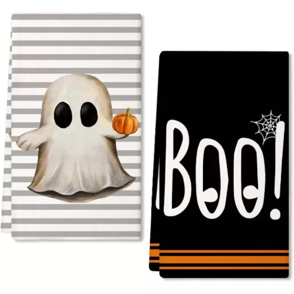 imageARKENY Halloween Kitchen Towels Set of 2Ghost Pumpkin Grey Stripes Dish Towels 18x26 Inch Drying DishclothFarmhouse Home Decoration AD126