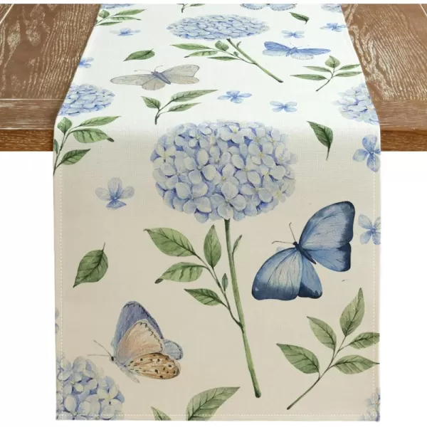 imageARKENY Spring Flowers Hydrangea Blue Table Runner 72x13 Inches Floral Butterfly Farmhouse Seasonal Indoor Outdoor Anniversary Table Decoration for HomeBeige