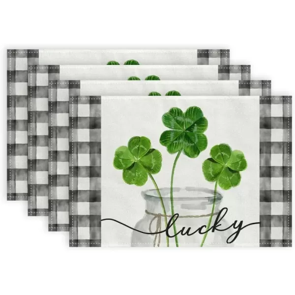 imageARKENY St Patricks Day Placemats 12x18 Inches Set of 4 Green Shamrock Mason Jar Lucky Spring Seasonal Farmhouse Buffalo Plaid Burlap Indoor Kitchen Dining Table Mat Decorations for Home Party