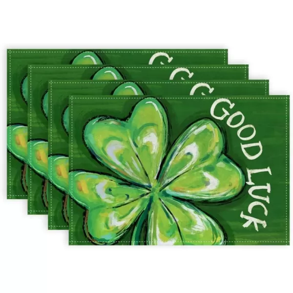 imageARKENY St Patricks Day Placemats 12x18 Inches Set of 4 Shamrock Good Luck Spring Seasonal Farmhouse Burlap Green Indoor Kitchen Dining Table Mats Decorations for Home Party AP5404