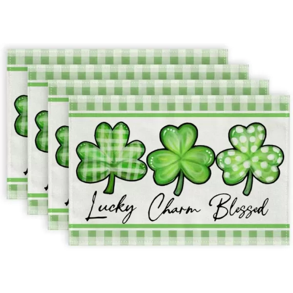 imageARKENY St Patricks Day Placemats 12x18 Inches Set of 4 Shamrock Lucky Charm Blessed Spring Seasonal Farmhouse Burlap Green Plaid Indoor Kitchen Dining Table Mats Decorations for Home Party AP5414