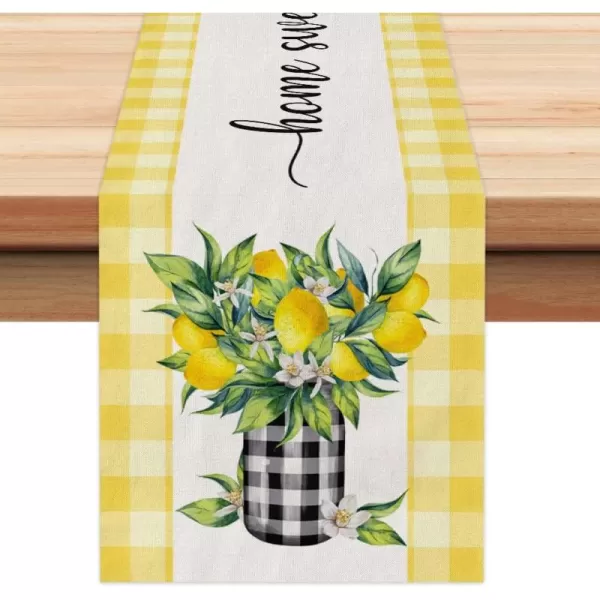 imageARKENY Summer Lemon Flower Home Sweet Check Vase Butterfly Table Runner 13x72 InchesSeasonal Burlap Yellow Buffalo Plaid Farmhouse Indoor Kitchen Dining Table Decoration for Home Party