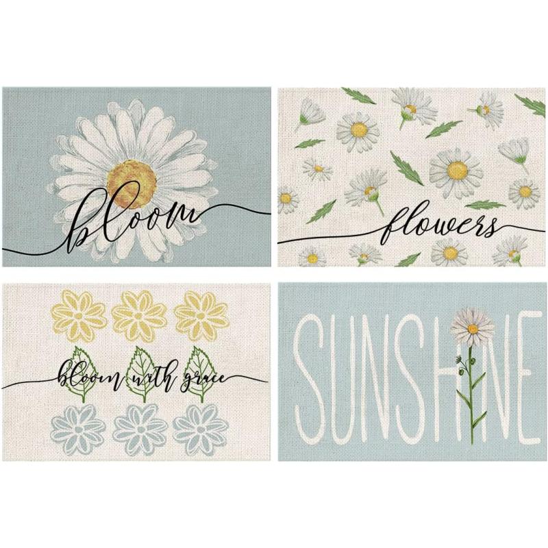 imageARKENY Summer Daisy Flower Bloom Sunshine Placemats 12x18 Inches Set of 4Seasonal Burlap Watercolor Blue Farmhouse Indoor Kitchen Dining Table Decoration for Home Party
