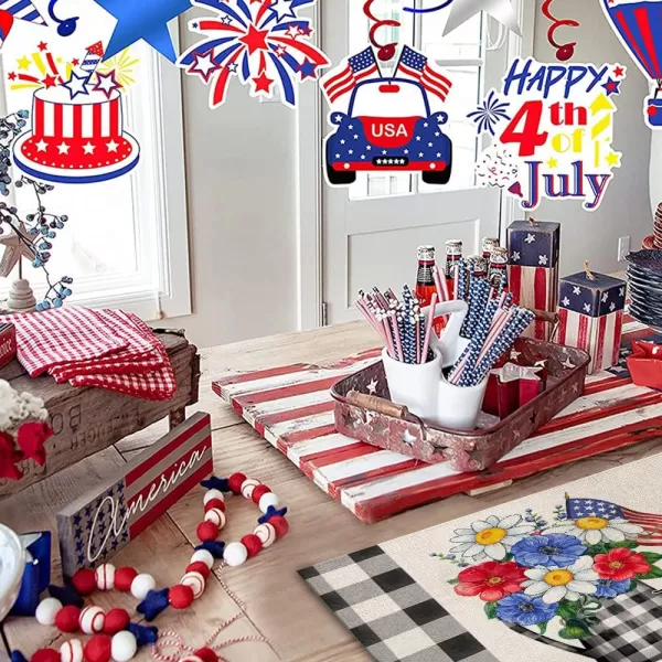 image4th of July Decorations Buffalo Plaid Placemats 12x18 Inches Memorial Day American Flag Stars and Stripes Patriotic Flower Vase Truck America Freedom Liberty Independence Day Decor AP109