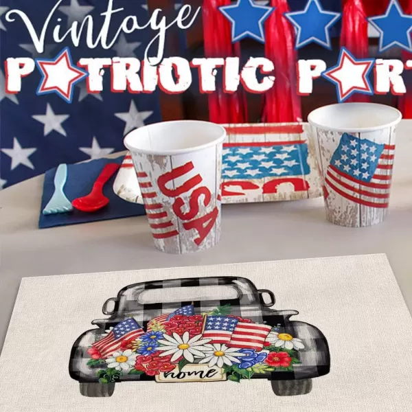 image4th of July Decorations Buffalo Plaid Placemats 12x18 Inches Memorial Day American Flag Stars and Stripes Patriotic Flower Vase Truck America Freedom Liberty Independence Day Decor AP109