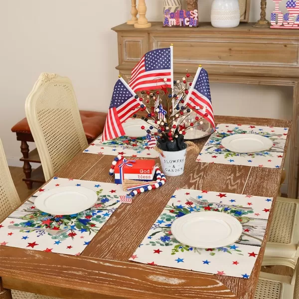 imageARKENY 4th of July Memorial Day Placemats 12x18 Inches Set of 4 Eucalyptus Star Floral Holiday Farmhouse Burlap Indoor Patriotic Independence Table Mats Decor for Home Party AP6224