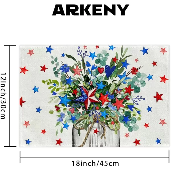 imageARKENY 4th of July Memorial Day Placemats 12x18 Inches Set of 4 Eucalyptus Star Floral Holiday Farmhouse Burlap Indoor Patriotic Independence Table Mats Decor for Home Party AP6224