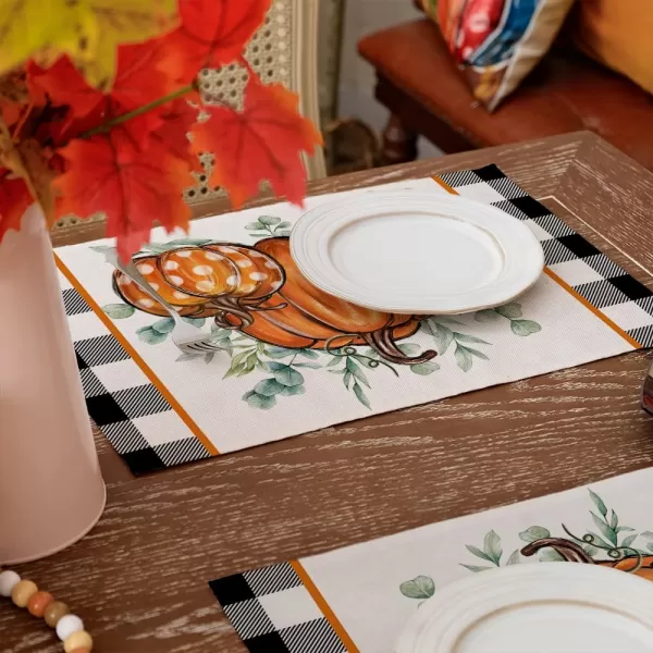 imageARKENY Fall Placemats 12x18 Inches Set of 4 Pumpkin Eucalyptus Leaf Buffalo Plaid Leaves Orange Autumn Seasonal Farmhouse Burlap Indoor Outdoor Table Mats Decorations for Home Party AP6344