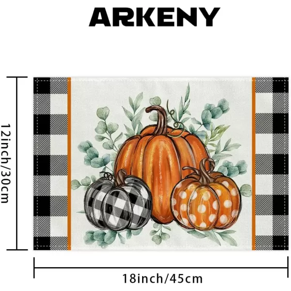 imageARKENY Fall Placemats 12x18 Inches Set of 4 Pumpkin Eucalyptus Leaf Buffalo Plaid Leaves Orange Autumn Seasonal Farmhouse Burlap Indoor Outdoor Table Mats Decorations for Home Party AP6344