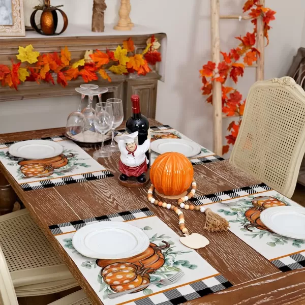 imageARKENY Fall Placemats 12x18 Inches Set of 4 Pumpkin Eucalyptus Leaf Buffalo Plaid Leaves Orange Autumn Seasonal Farmhouse Burlap Indoor Outdoor Table Mats Decorations for Home Party AP6344