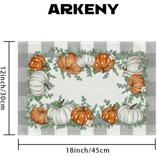 imageARKENY Fall Placemats 12x18 Inches Set of 4 Pumpkins Eucalyptus Leaves Autumn Seasonal Farmhouse Buffalo Plaid Burlap Indoor Outdoor Kitchen Dining Table Mats Decorations for Home Party AP6234