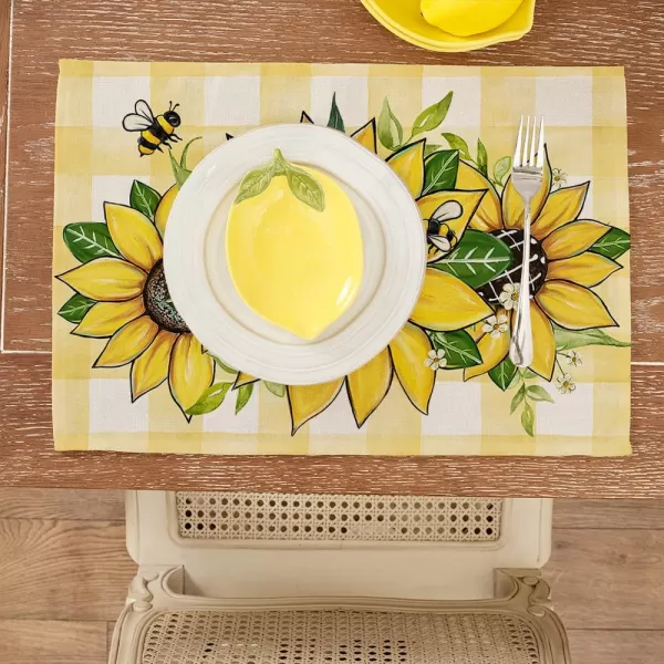 imageARKENY Summer Placemats 12x18 Inches Set of 4 Sunflower Bee Yellow Seasonal Farmhouse Buffalo Plaid Burlap Indoor Kitchen Anniversary Dining Table Mats Decor for Home Party AP6054