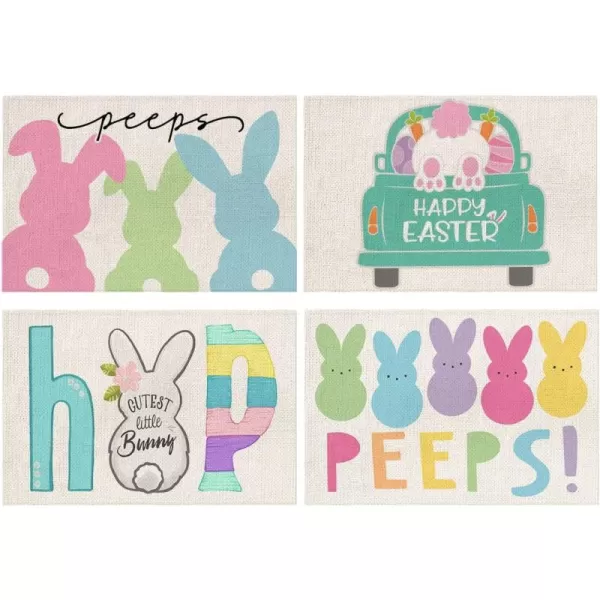 imageARKENY Easter Placemats 12x18 Inches Set of 4 Bunny Rabbit Hello Peeps Spring Holiday Farmhouse Burlap Buffalo Plaid Indoor Table Mats Decorations for Home