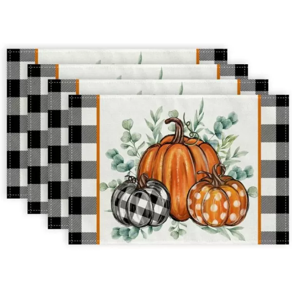 imageARKENY Fall Placemats 12x18 Inches Set of 4 Pumpkin Eucalyptus Leaf Buffalo Plaid Leaves Orange Autumn Seasonal Farmhouse Burlap Indoor Outdoor Table Mats Decorations for Home Party AP6344