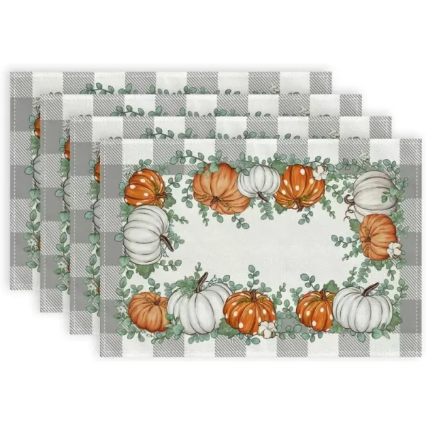 imageARKENY Fall Placemats 12x18 Inches Set of 4 Pumpkins Eucalyptus Leaves Autumn Seasonal Farmhouse Buffalo Plaid Burlap Indoor Outdoor Kitchen Dining Table Mats Decorations for Home Party AP6234