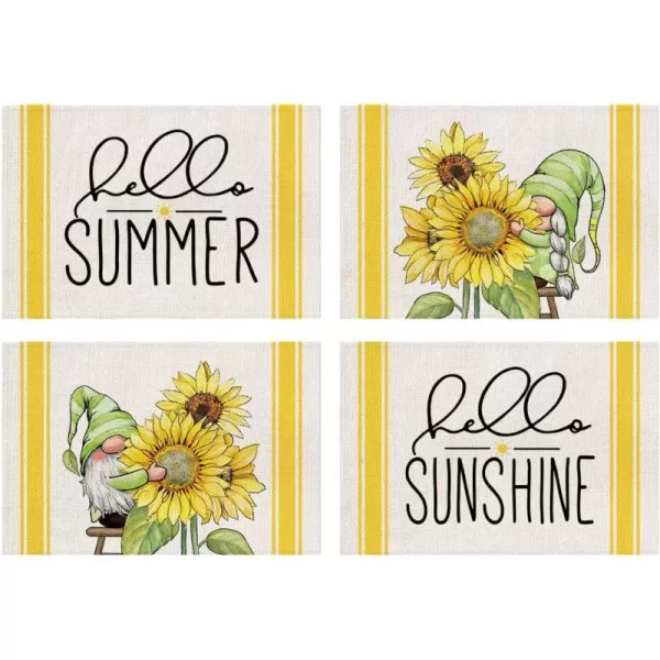 imageARKENY Hello Summer Sunshine Gnomes Sunflower Placemats 12x18 Inches Set of 4Seasonal Plaid Farmhouse Indoor Kitchen Dining Table Decoration for Home Party