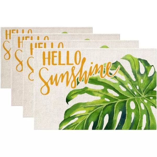 imageARKENY Palm Leaves Hello Sunshine Placemats 12x18 Inches Set of 4Seasonal Burlap Farmhouse Indoor Kitchen Dining Table Decoration for Home Party