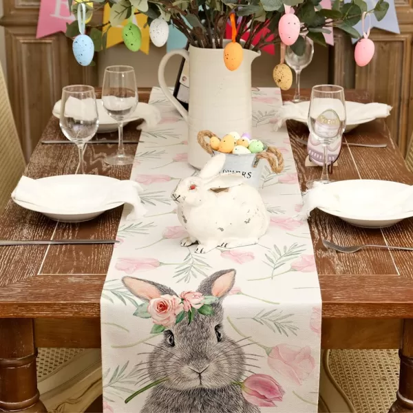 imageARKENY Easter Table Runner 13x90 Inches Bunny Rabbit Floral Spring Holiday Farmhouse Burlap Buffalo Plaid Indoor Table Decorations for Home AT38390