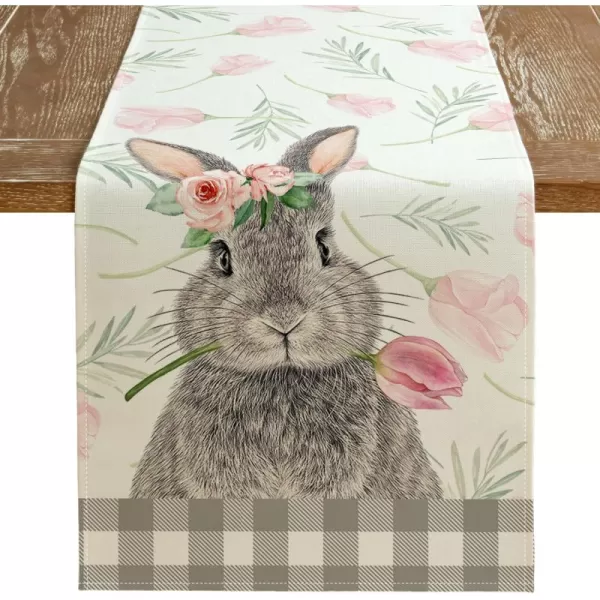 imageARKENY Easter Table Runner 13x90 Inches Bunny Rabbit Floral Spring Holiday Farmhouse Burlap Buffalo Plaid Indoor Table Decorations for Home AT38390