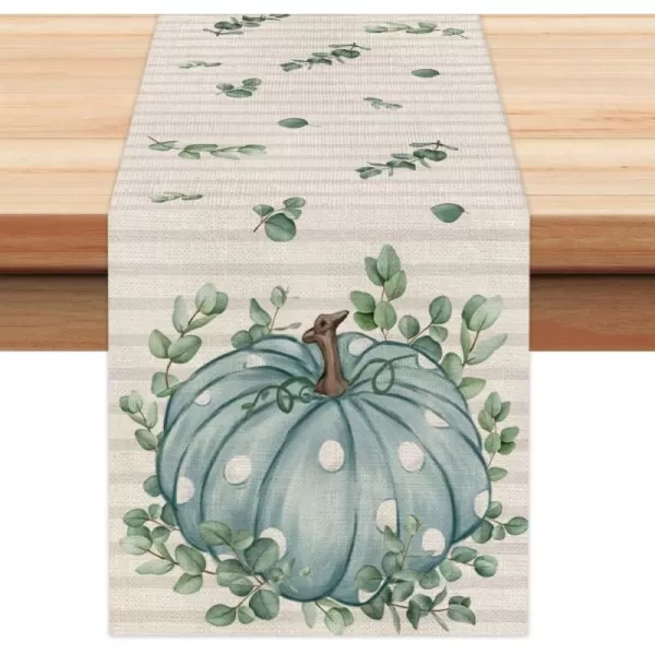 imageARKENY Fall Thanksgiving Table Runner 13x72 InchesBlue Pumpkin Polk Dots LeafSeasonal Burlap Stripes Farmhouse Indoor Autumn Table Runner for Home