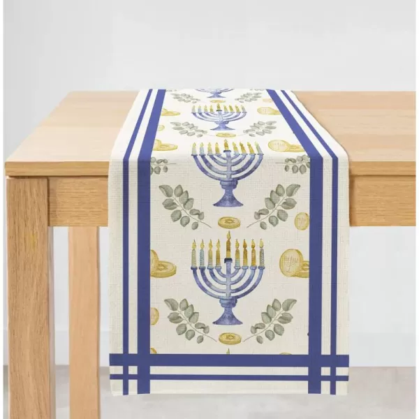 imageHanukkah Decorations Watercolor Menorah Passover Table Runner 13x72 Inches Seasonal Chocolate Coins Jewish Menorah Chanukah Decor Holiday Farmhouse Indoor Vintage Theme Gathering Dinner Party AT053