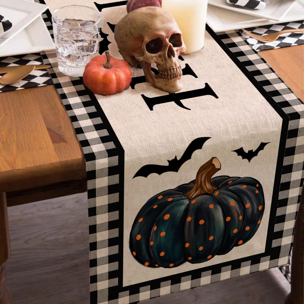 imageHalloween Decorations Pumpkin Buffalo Plaid Table Runner 13x72 Inches Long Bat Farmhouse Holiday Party Dcor Indoor Vintage Theme Gathering Dinner AT283