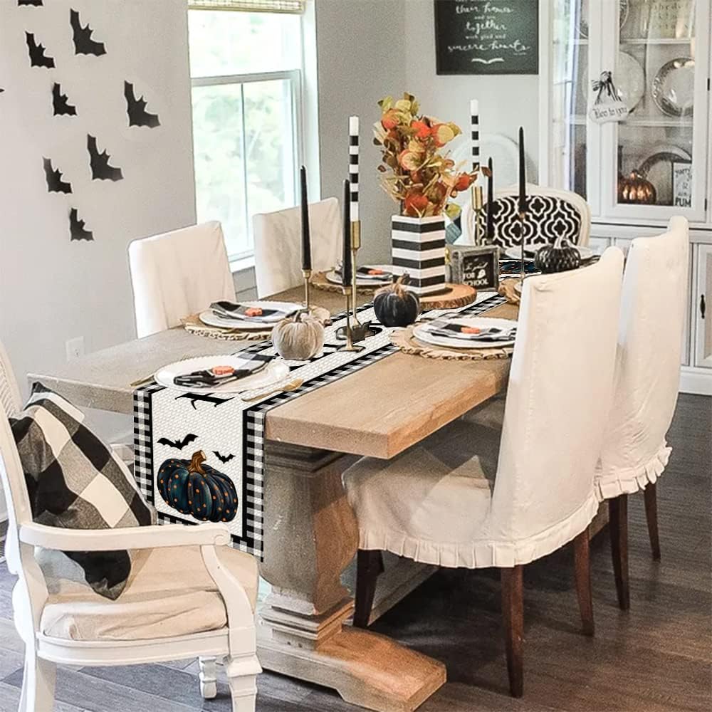 imageHalloween Decorations Pumpkin Buffalo Plaid Table Runner 13x72 Inches Long Bat Farmhouse Holiday Party Dcor Indoor Vintage Theme Gathering Dinner AT283