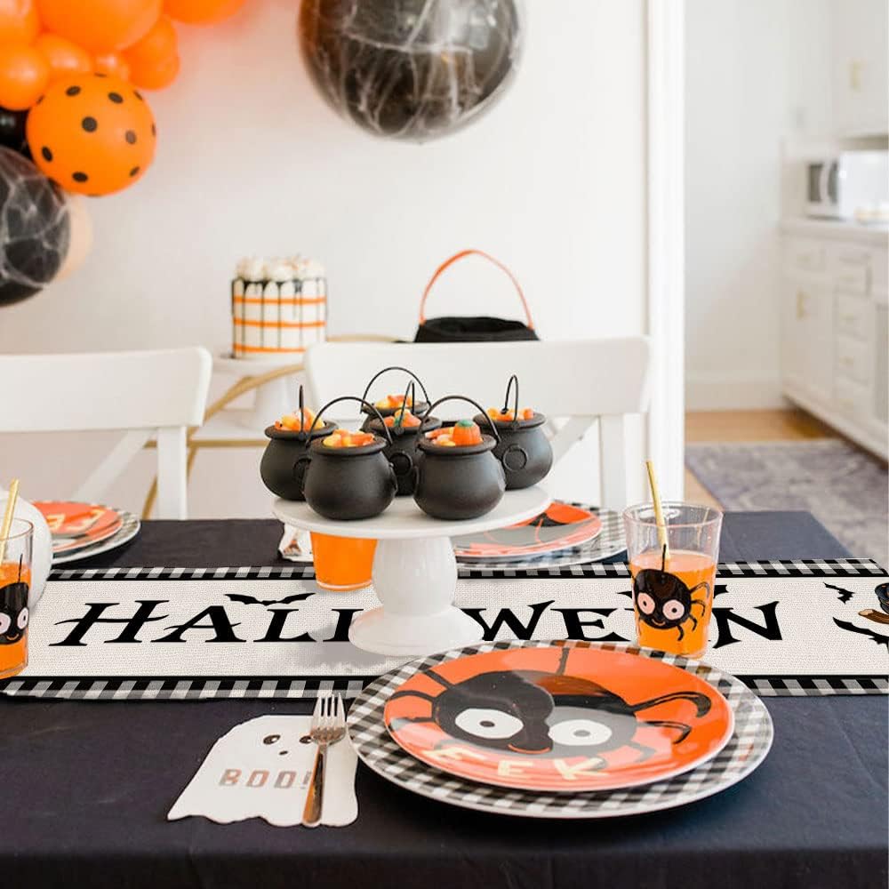 imageHalloween Decorations Pumpkin Buffalo Plaid Table Runner 13x72 Inches Long Bat Farmhouse Holiday Party Dcor Indoor Vintage Theme Gathering Dinner AT283