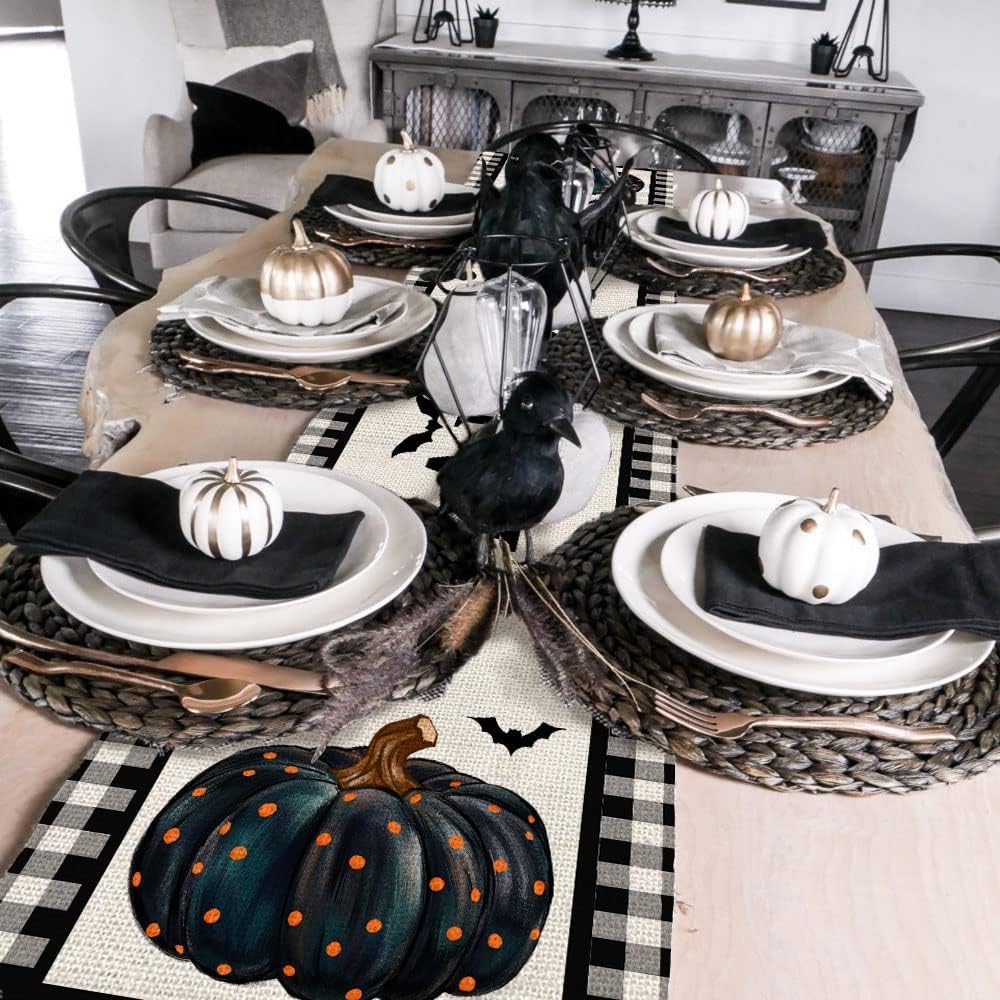 imageHalloween Decorations Pumpkin Buffalo Plaid Table Runner 13x72 Inches Long Bat Farmhouse Holiday Party Dcor Indoor Vintage Theme Gathering Dinner AT283