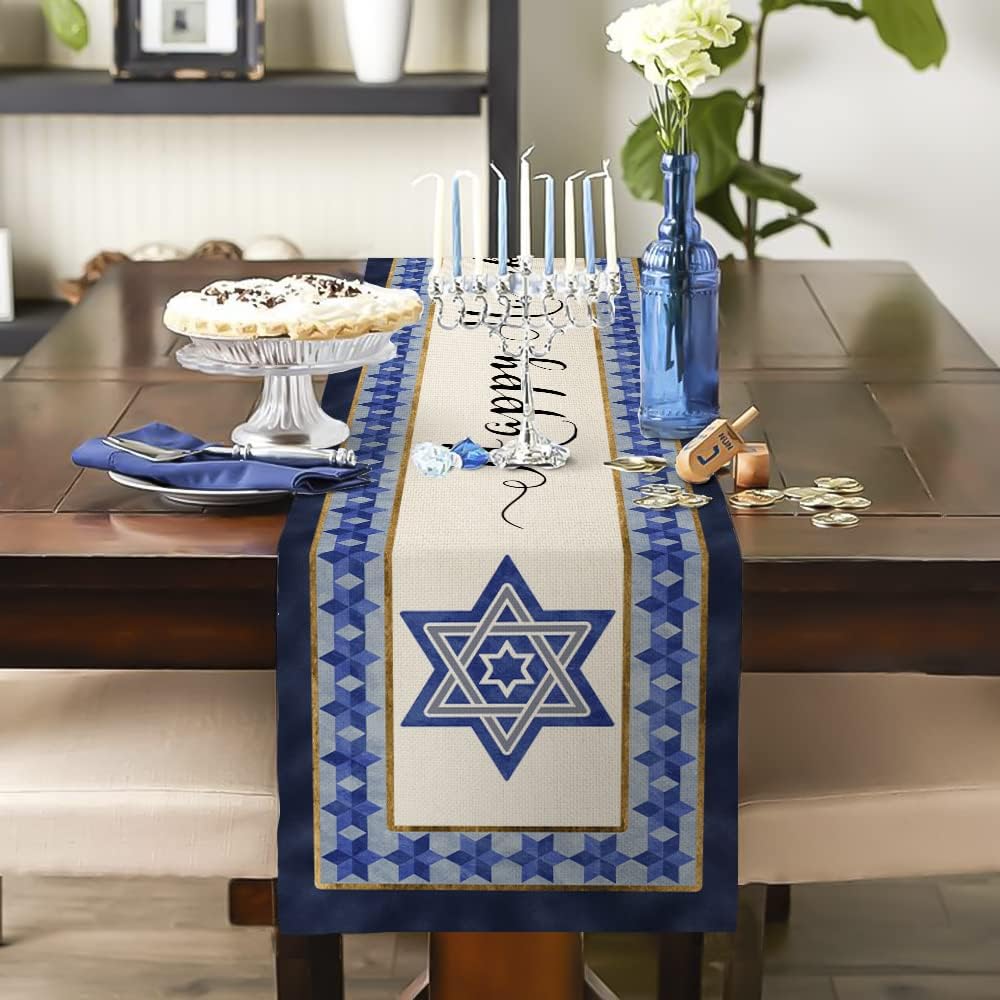 imageHanukkah Decorations Watercolor Blue Magen David Passover Table Runner 13x72 Inches Seasonal Jewish Menorah Chanukah Decor Holiday Farmhouse Indoor Vintage Theme Gathering Dinner Party AT055