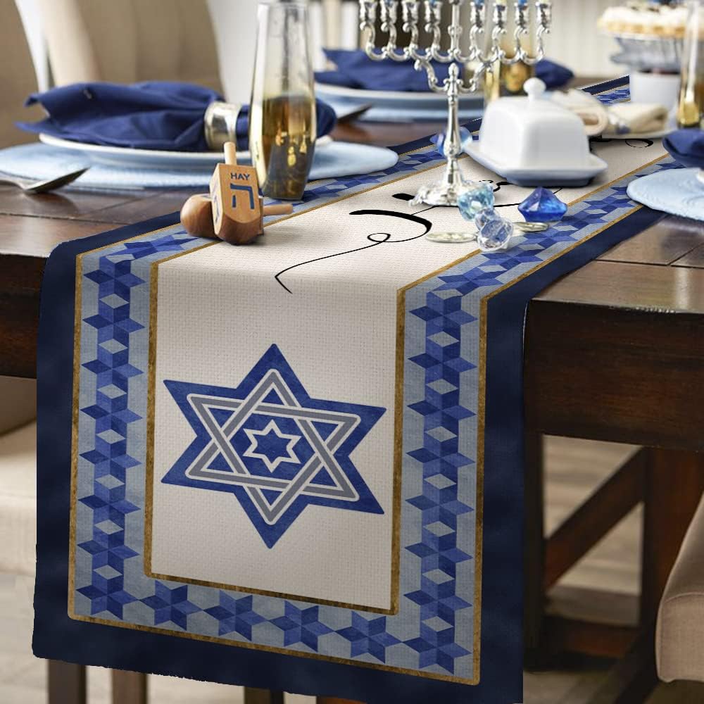 imageHanukkah Decorations Watercolor Blue Magen David Passover Table Runner 13x72 Inches Seasonal Jewish Menorah Chanukah Decor Holiday Farmhouse Indoor Vintage Theme Gathering Dinner Party AT055