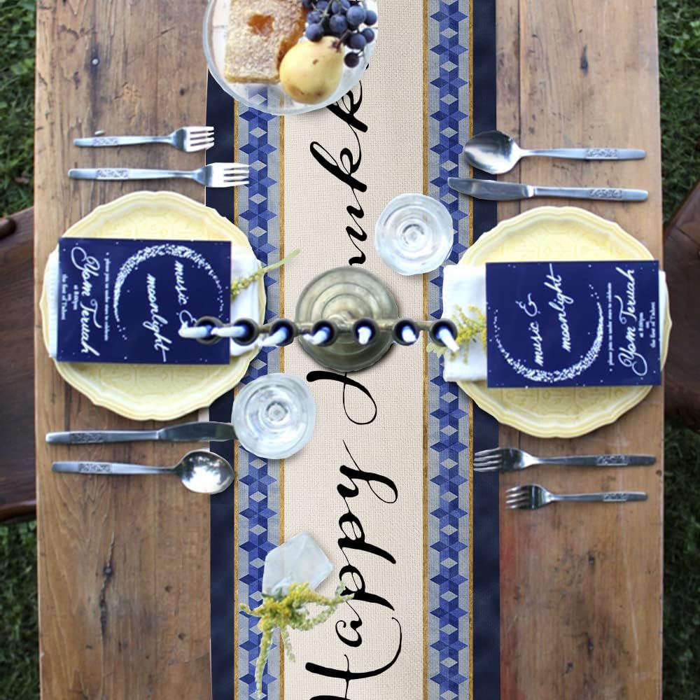 imageHanukkah Decorations Watercolor Blue Magen David Passover Table Runner 13x72 Inches Seasonal Jewish Menorah Chanukah Decor Holiday Farmhouse Indoor Vintage Theme Gathering Dinner Party AT055