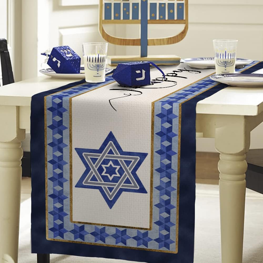 imageHanukkah Decorations Watercolor Blue Magen David Passover Table Runner 13x72 Inches Seasonal Jewish Menorah Chanukah Decor Holiday Farmhouse Indoor Vintage Theme Gathering Dinner Party AT055