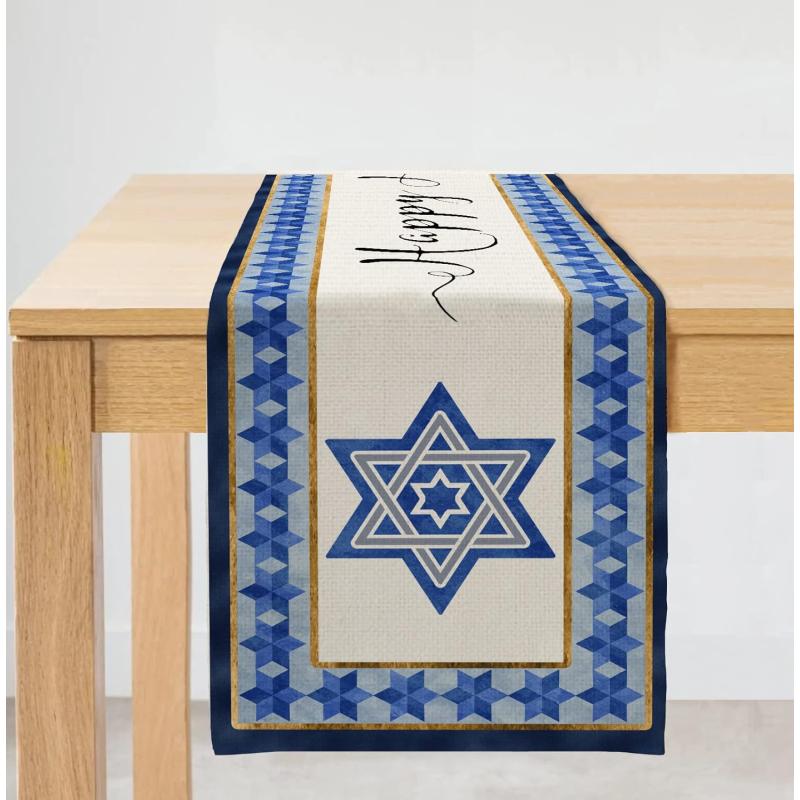 imageHanukkah Decorations Watercolor Blue Magen David Passover Table Runner 13x72 Inches Seasonal Jewish Menorah Chanukah Decor Holiday Farmhouse Indoor Vintage Theme Gathering Dinner Party AT055