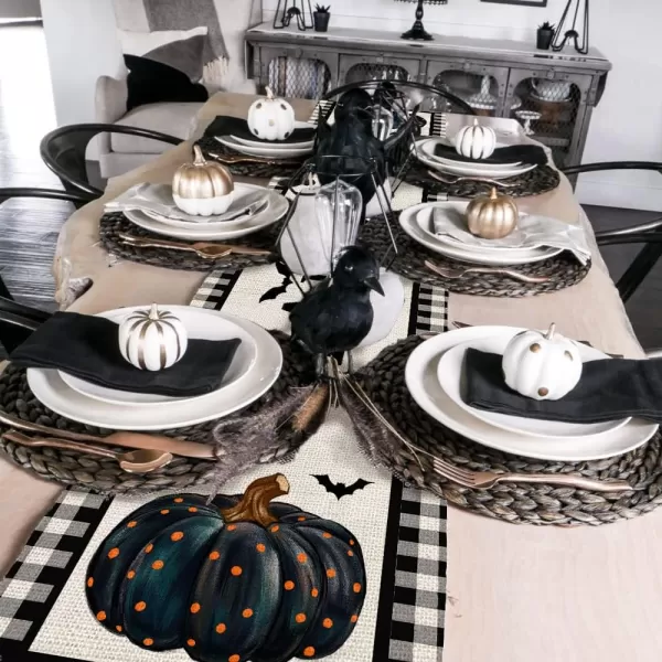 imageHalloween Decorations Pumpkin Buffalo Plaid Table Runner 13x72 Inches Long Bat Farmhouse Holiday Party Dcor Indoor Vintage Theme Gathering Dinner AT283