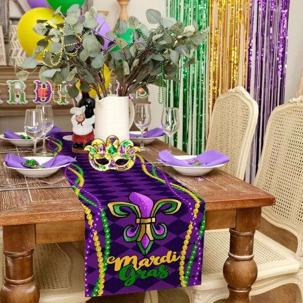 imageARKENY Mardi Gras Carnival Table Runner 13x72 Inches Fleur De Lis Purple Seasonal Farmhouse Burlap Indoor Kitchen Dining Table Decorations for Home Party AT07272