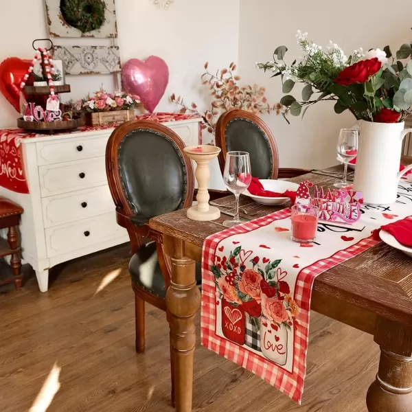 imageARKENY Valentines Day Table Runner 13x72 InchesMason Jar Rose Love Seasonal Farmhouse Burlap Red Plaid Indoor Kitchen Anniversary Wedding Dining Table Decorations for Home Party AT51872