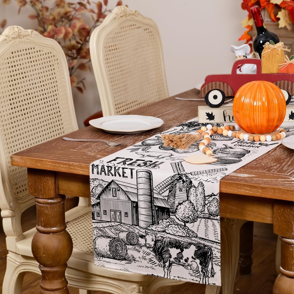 imageARKENY Farm Cow Thanksgiving Fall Table Runner 13x72 Inches Tractor Milk Crop Fresh Market Farmhouse Holiday Indoor Outdoor Table Decoration for HomeTable Runner  13X36