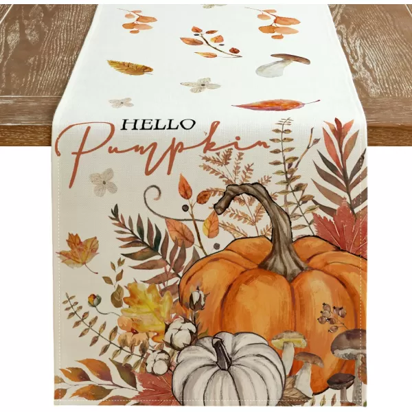 imageARKENY Fall Hello Pumpkin Orange Table Runner 13x72 Inches Thanksgiving Holiday Indoor Outdoor Table Decoration for HomeTable Runner  13X36