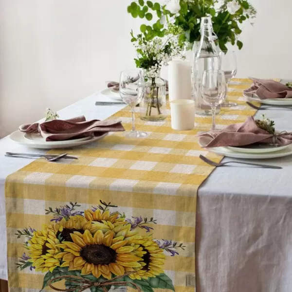 imageARKENY Summer Sunflower Sunshine Table Runner 13x72 InchesSeasonal Burlap Yellow Buffalo Plaid Farmhouse Indoor Kitchen Dining Table Decoration for Home Party