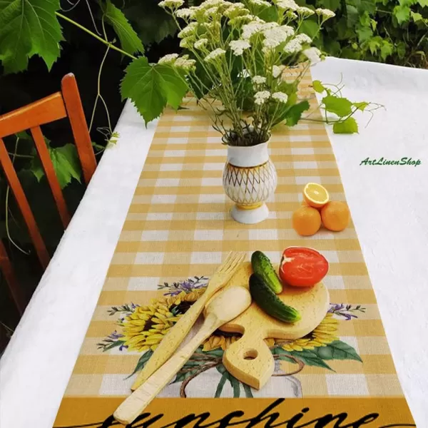 imageARKENY Summer Sunflower Sunshine Table Runner 13x72 InchesSeasonal Burlap Yellow Buffalo Plaid Farmhouse Indoor Kitchen Dining Table Decoration for Home Party